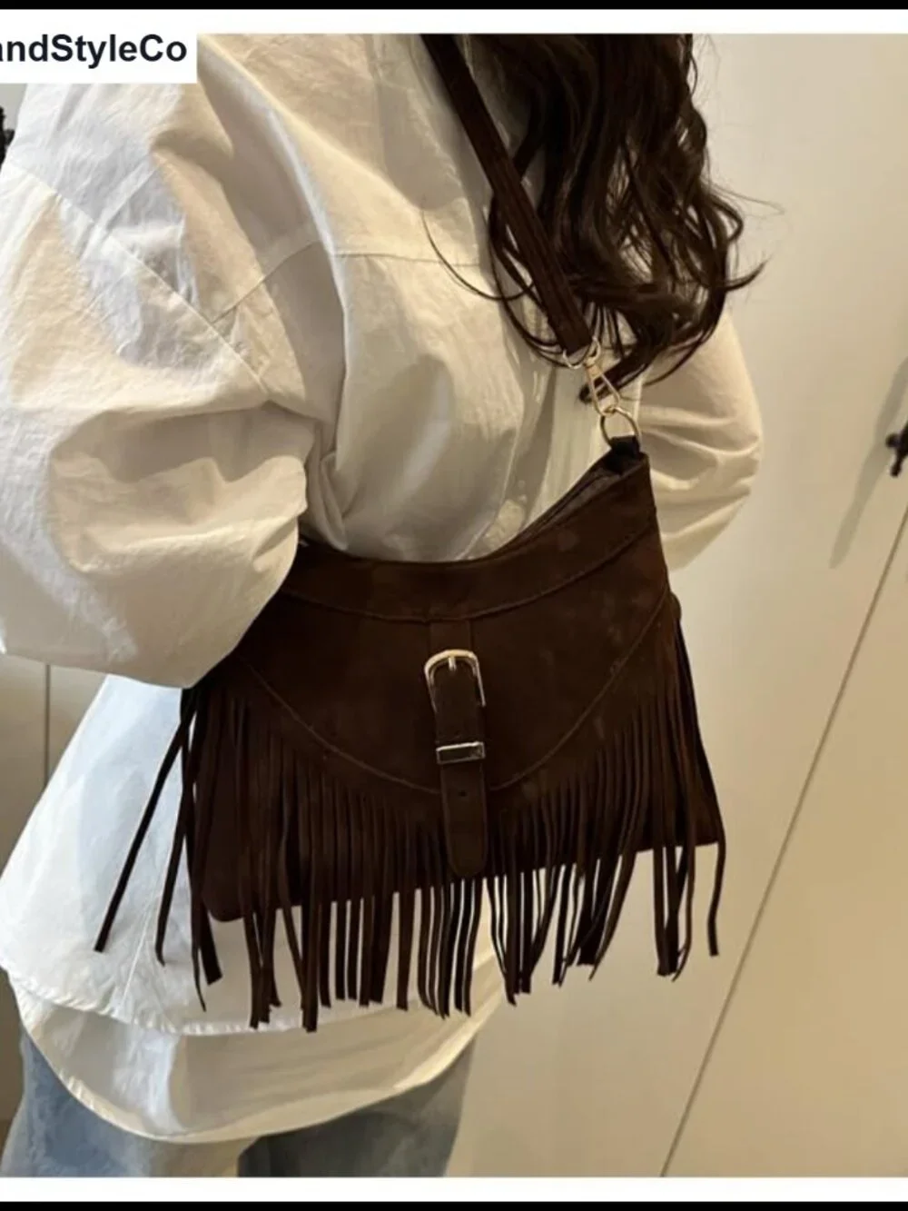 Vegan Leather Western Fringe Crossbody Bag with Tassel and Wrist Strap